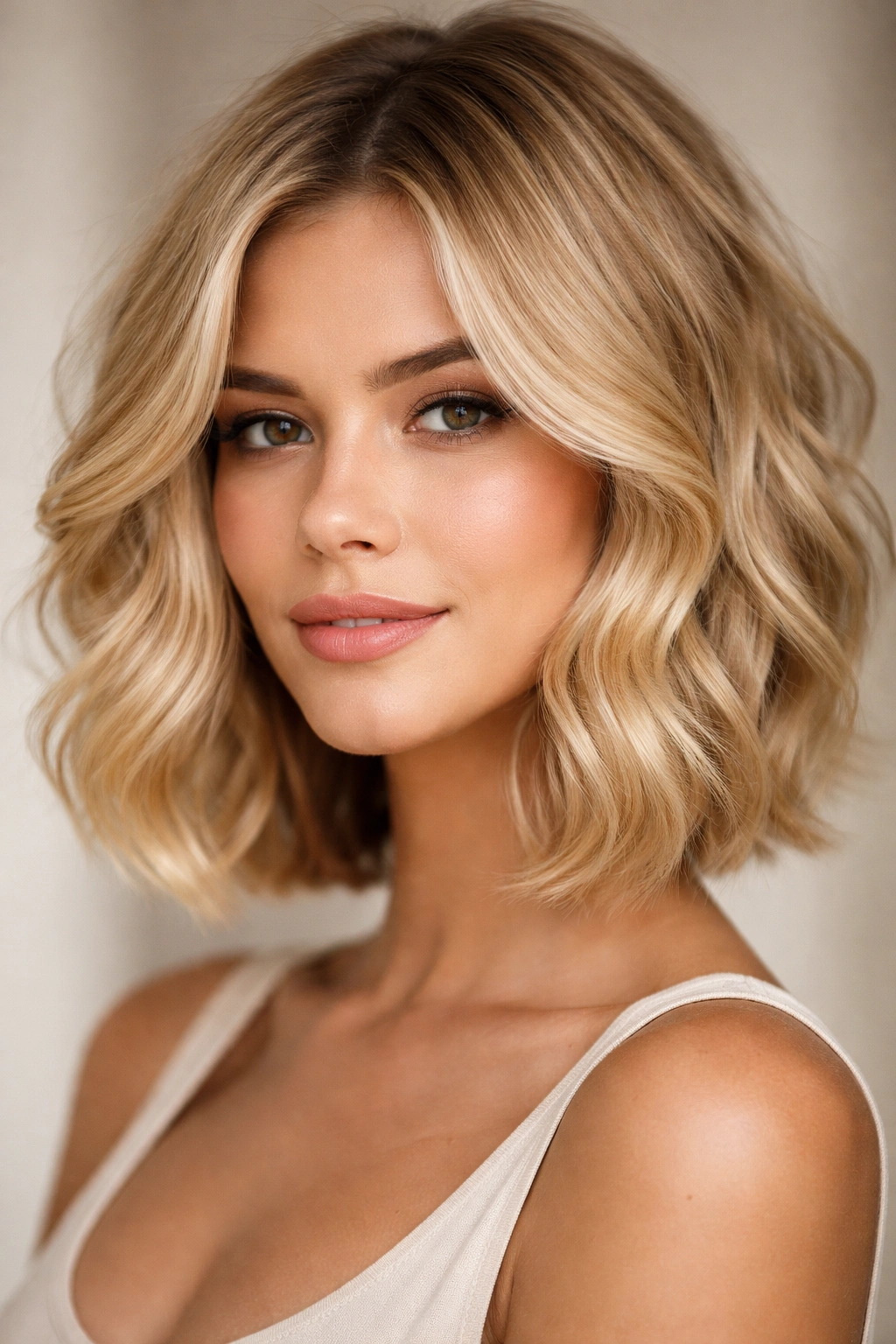 Face-framing blonde waves with cheekbone-length layers framing the face