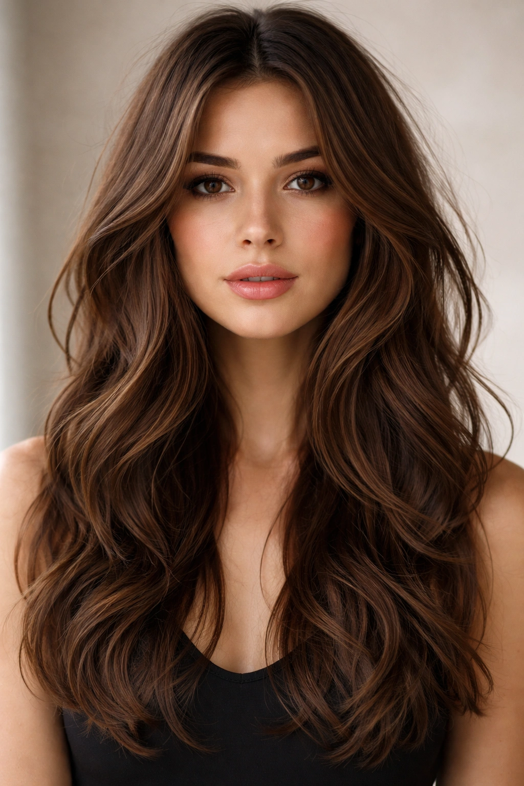 Brunette hair with face-framing layers and tousled waves