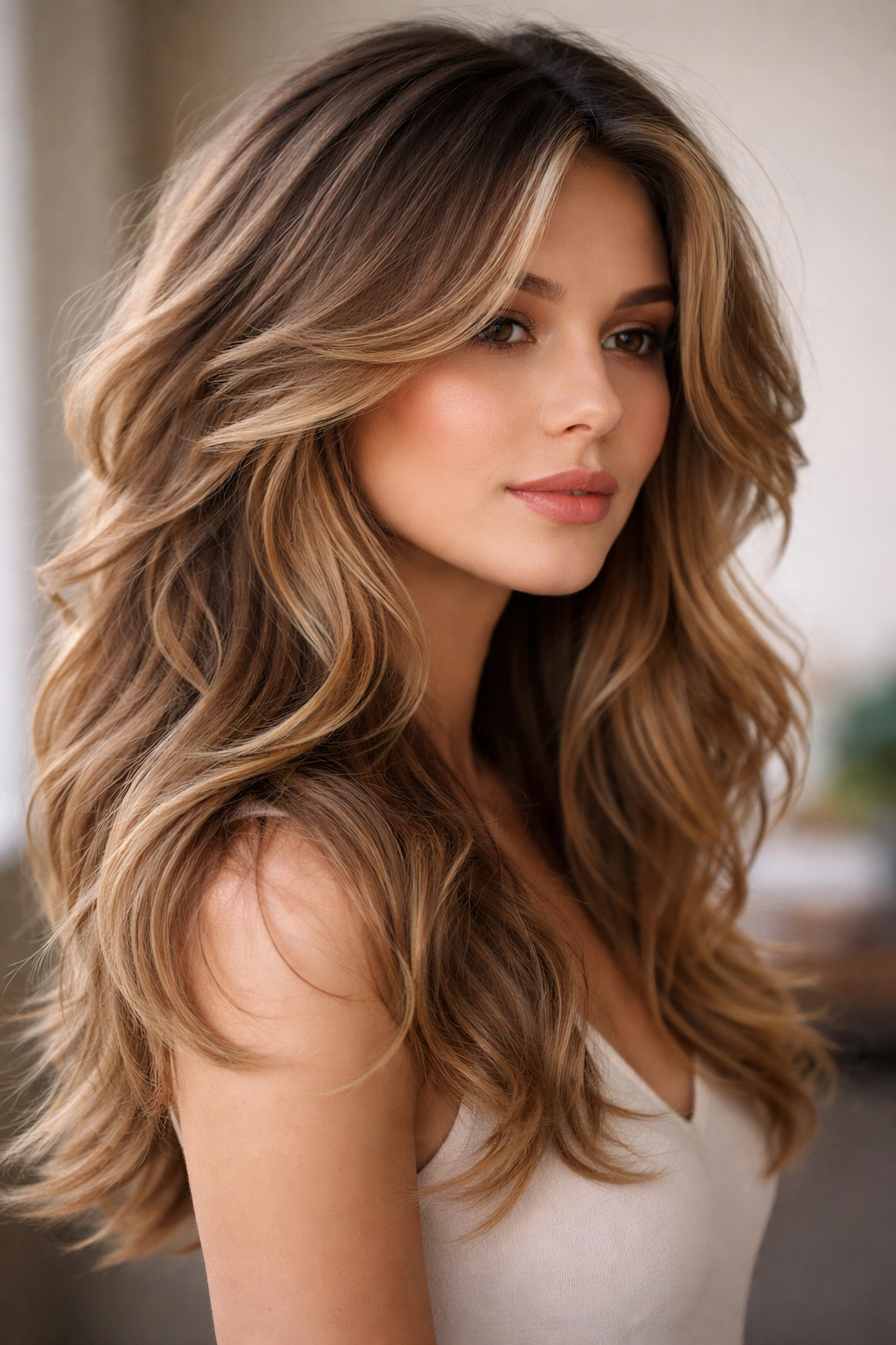 Asymmetrical butterfly cut with short face-framing waves and long back layers