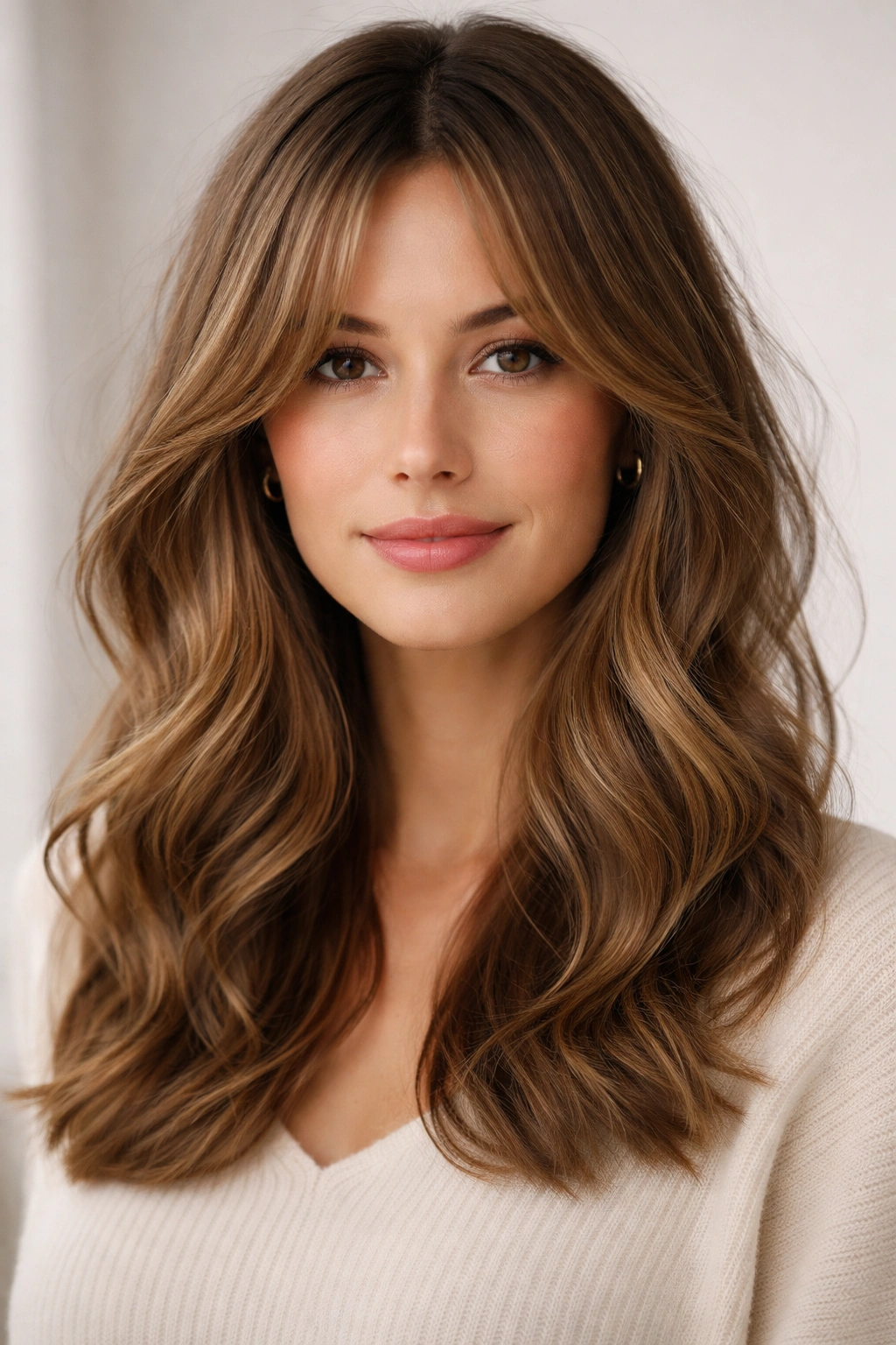 Face-framing waves around the cheeks with curtain bangs in the middle part