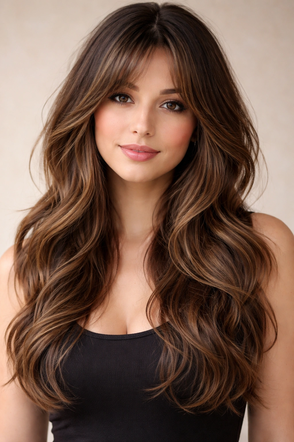 Model with face-framing waves and curtain bangs