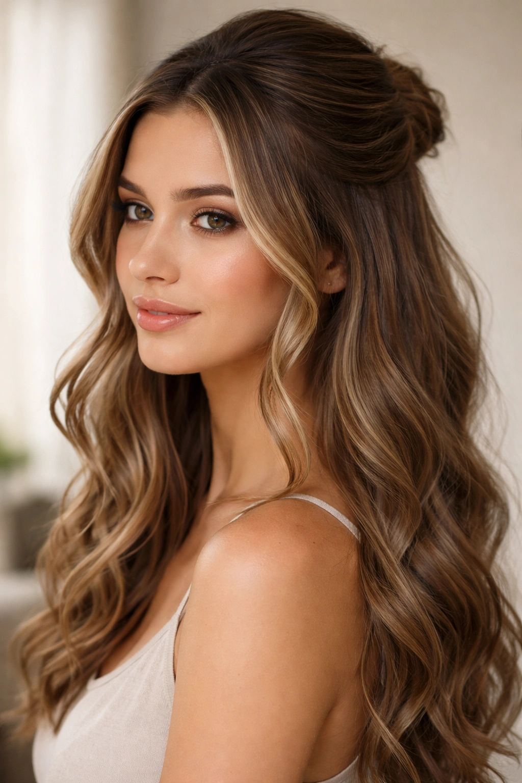 Face-framing waves left down with half-up secure at crown