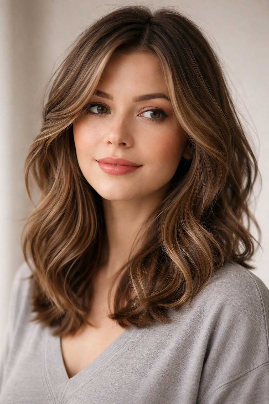 Shoulder-length hairstyle with face-framing layers and soft waves