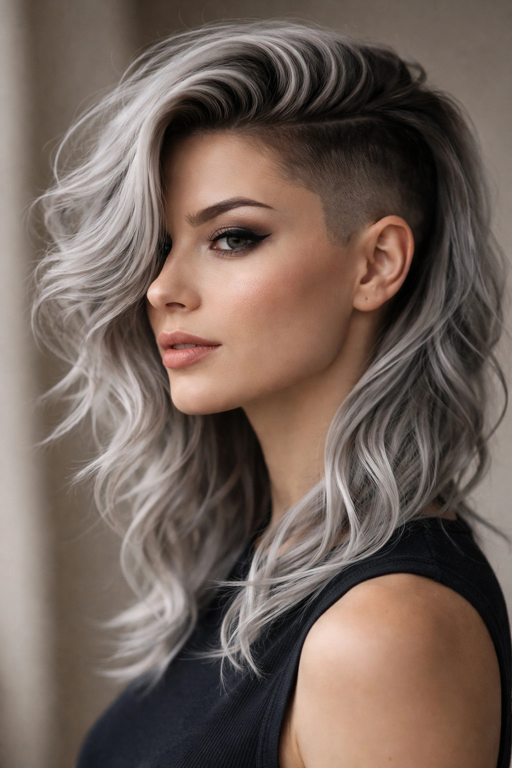 Face-Framing Waves with Undercut: silver hair with undercut and top waves in a studio