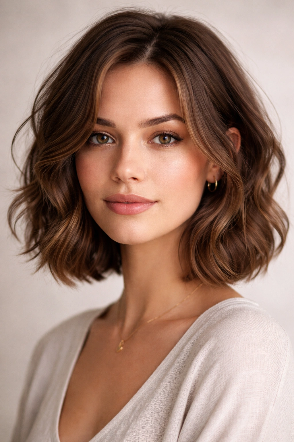 Front view of face-framing wavy bob with shorter front pieces framing the face