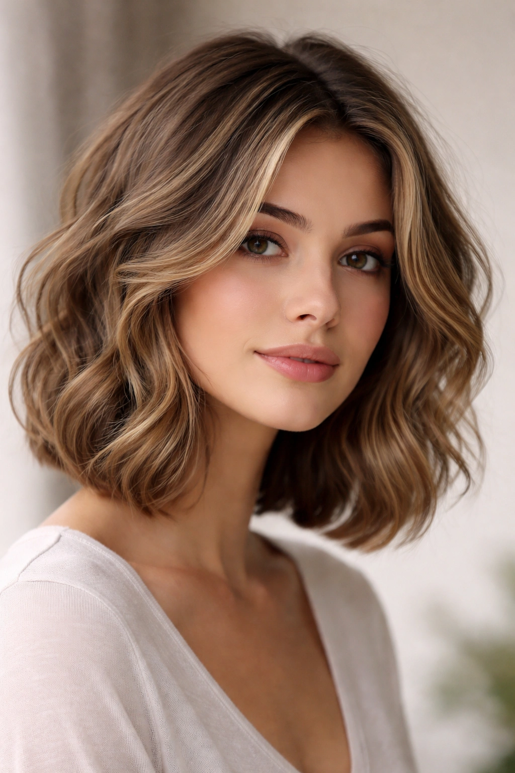 Face-framing wavy bob with longer face-framing layers