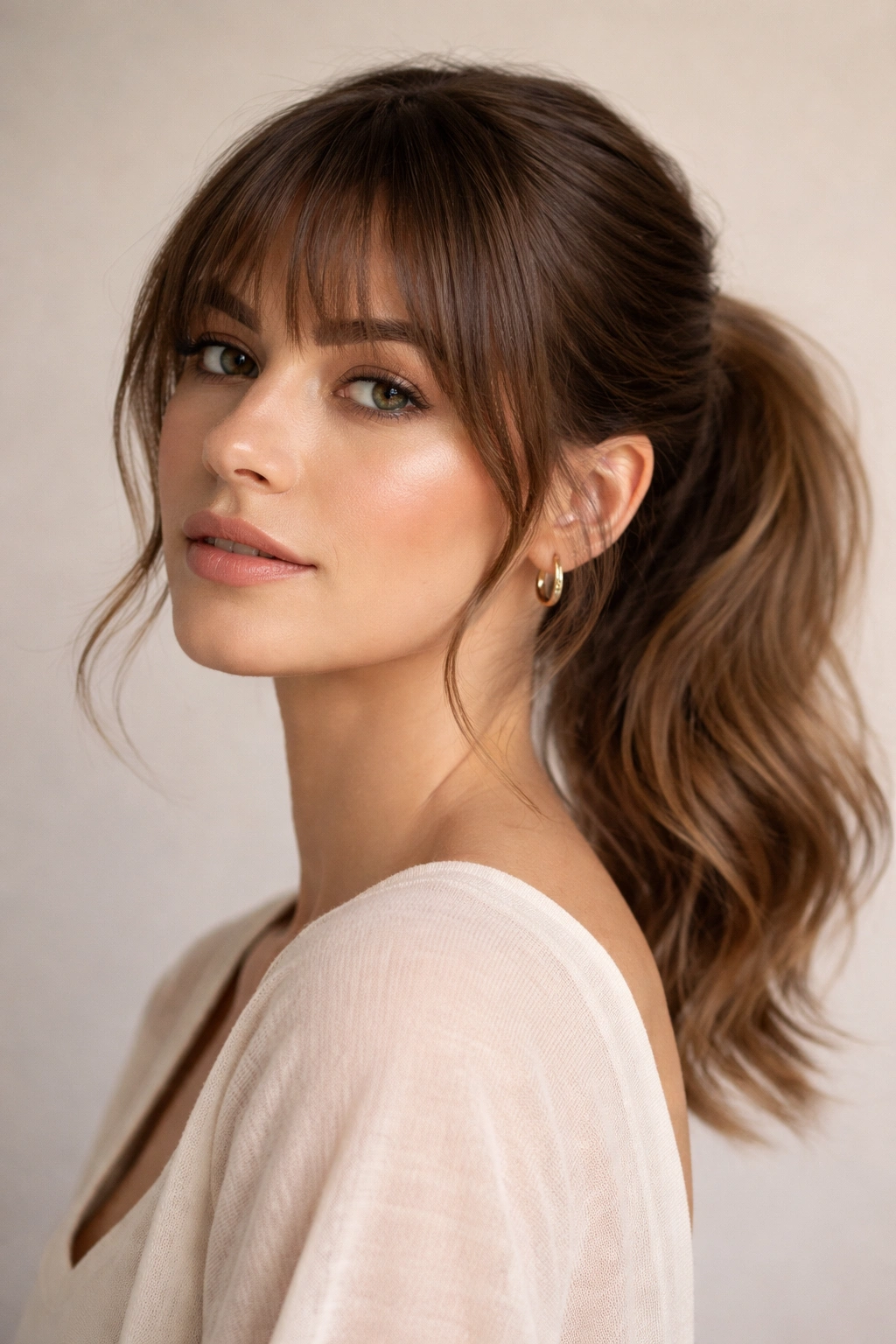 Portrait showing bangs and low ponytail variations to suit different face shapes