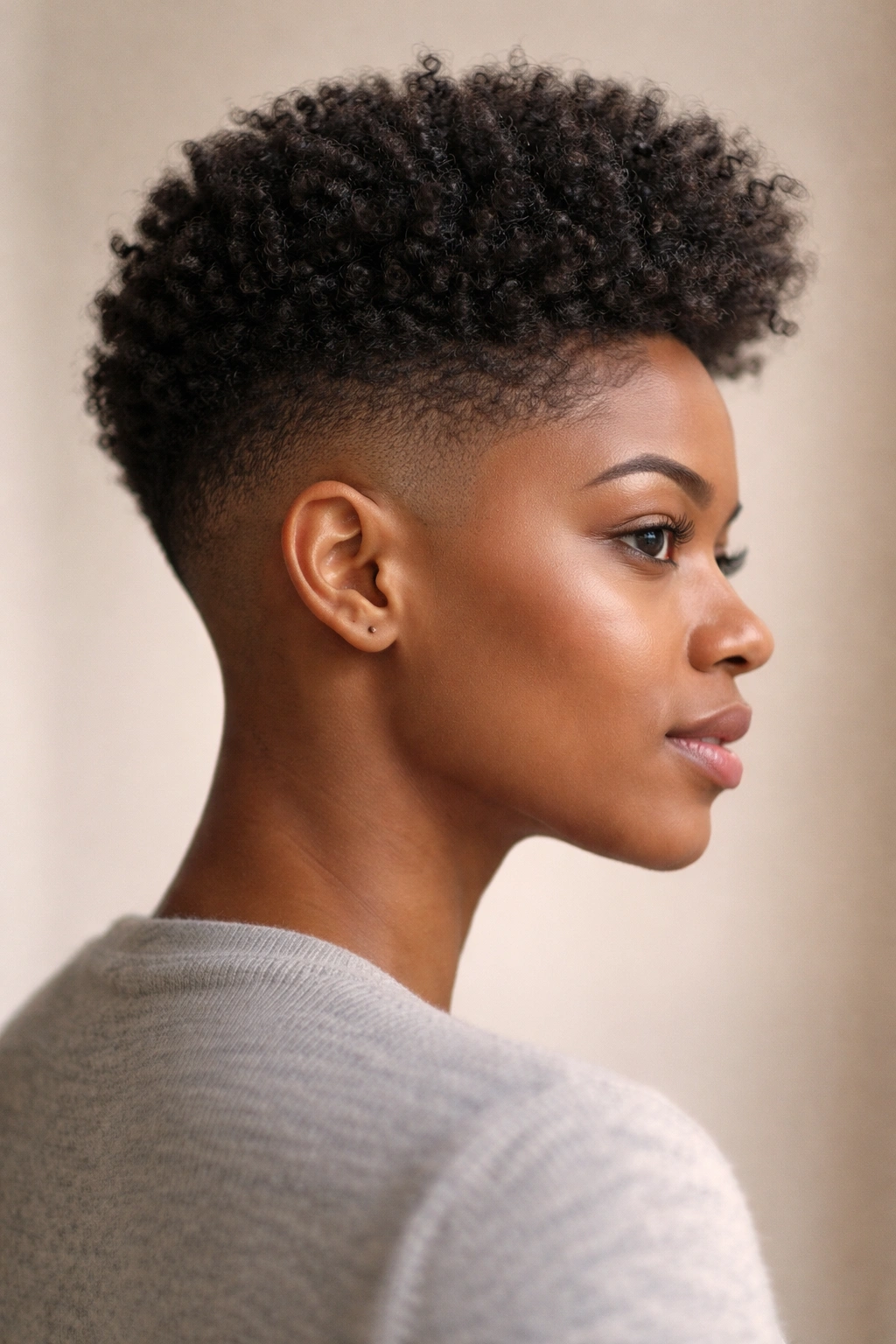 Side profile showing a fade on the sides and a voluminous crown at the top