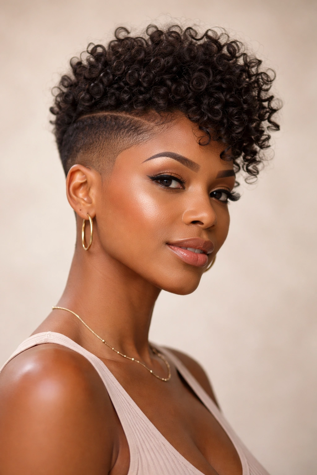 Portrait of a woman with a sharp fade on the sides and a long, voluminous curly top.