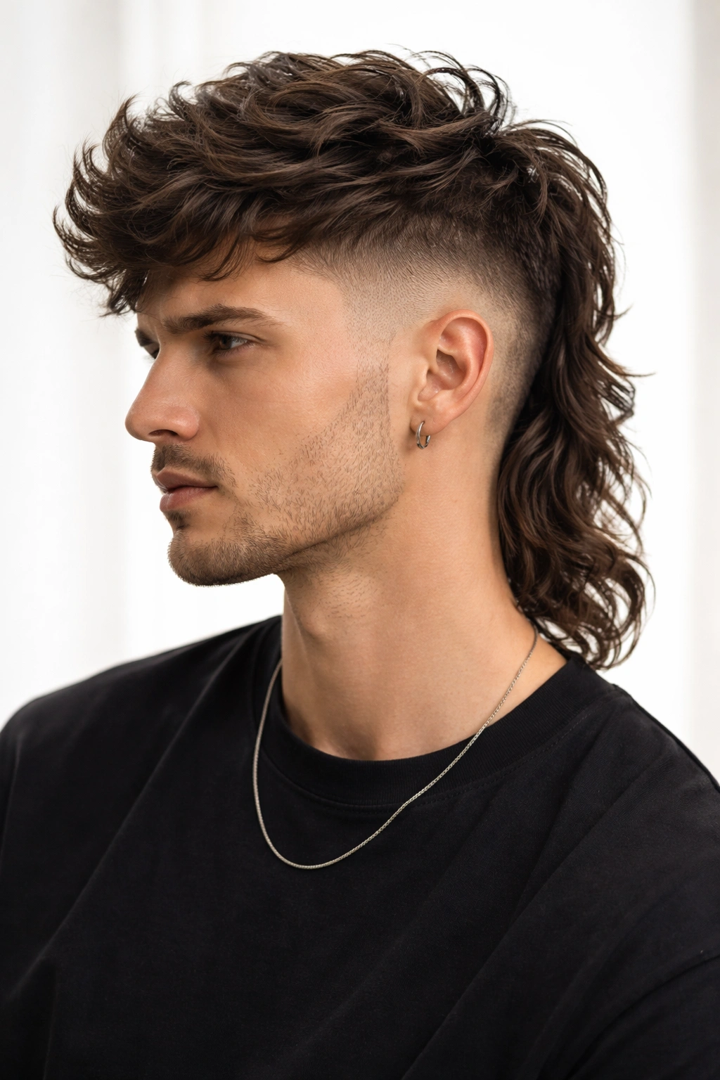 Portrait highlighting a modern wavy mullet with a sharp fade on the sides