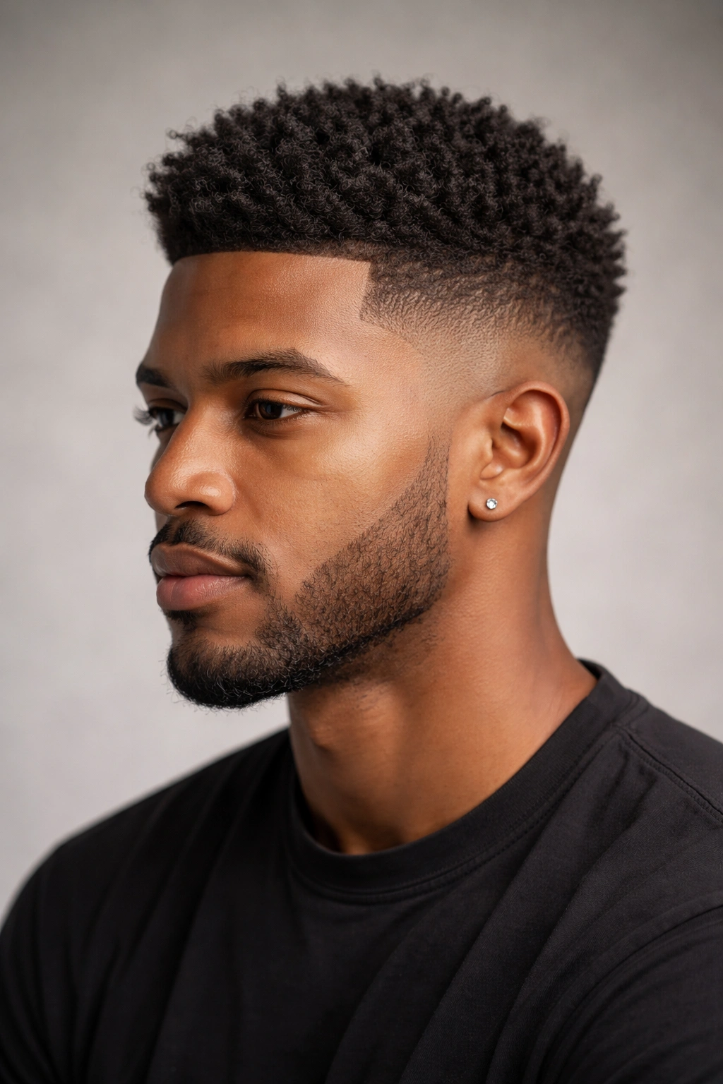 Close-up portrait of a person with a fade on the sides and a textured top.