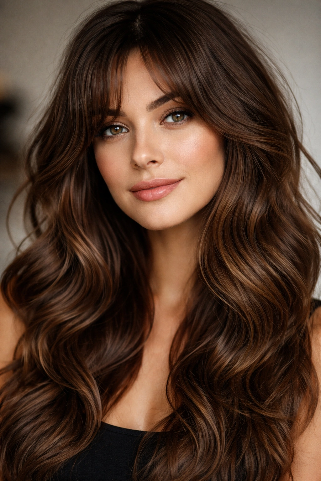 Close-up of thick wavy hair with face-framing layers that mimic bangs.