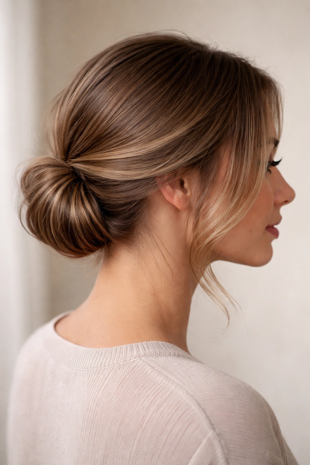 Close-up of a faux bob bun with a folded low ponytail forming a bob silhouette.