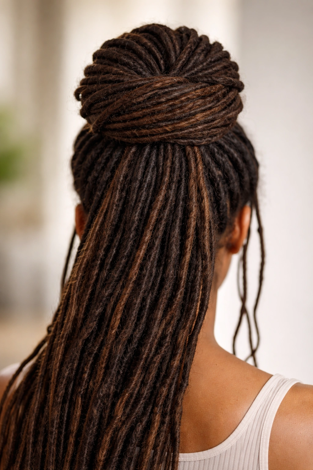 Back view of faux bun with wrapped dreads around a compact base bun