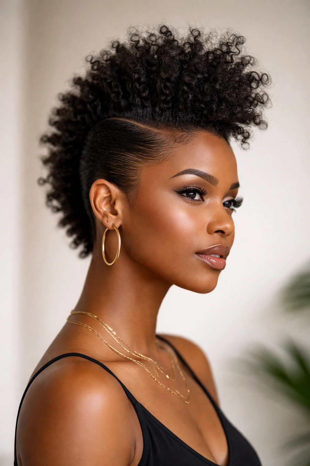 Portrait of a model with a structured faux-hawk featuring slicked sides and a textured center strip