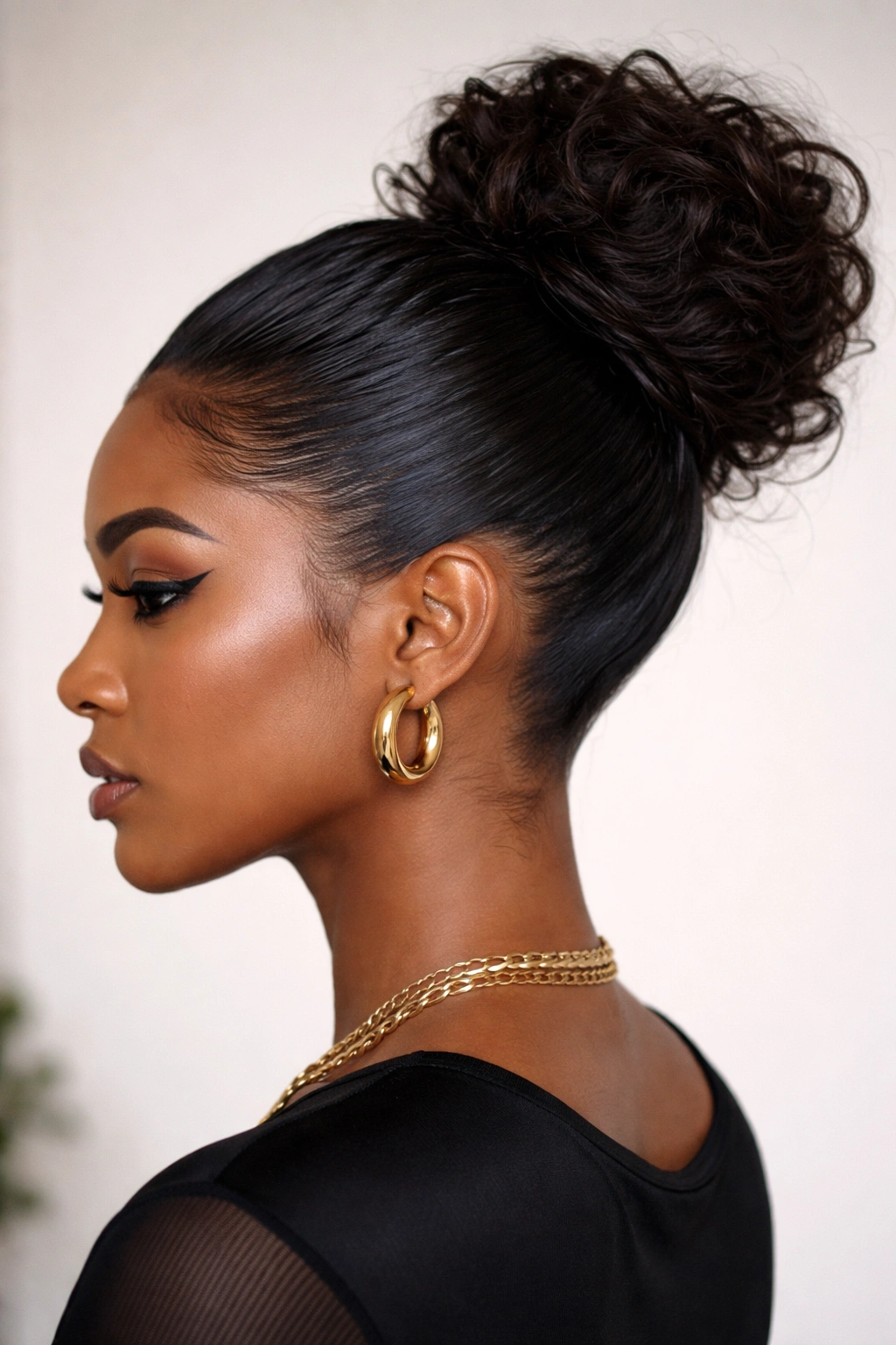The Slicked Faux Hawk Bun on Black hair with slick sides and textured crown bun