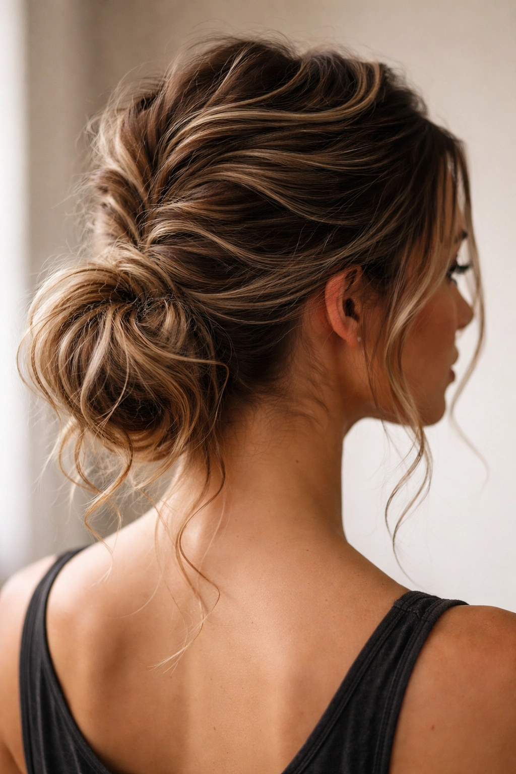 Front-facing close-up of The Faux Hawk Messy Bun showing crown ridge and low bun in wavy hair