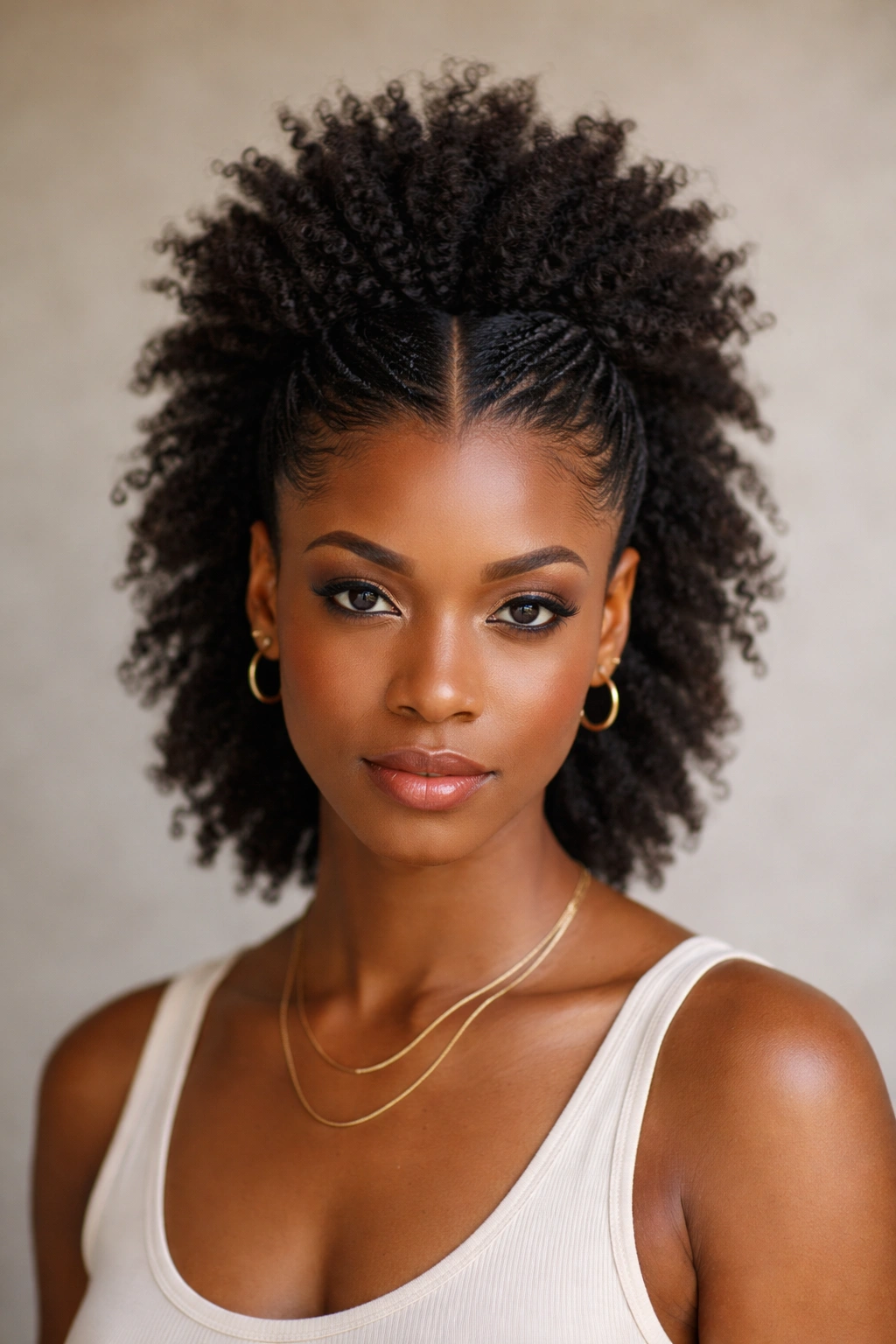 Medium close-up of faux hawk with center part and styled sides