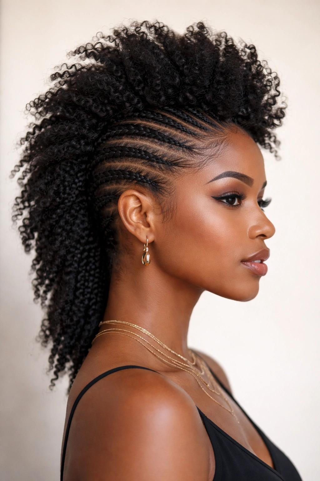 Portrait of a hairstyle with cornrow sides and a mohawk center