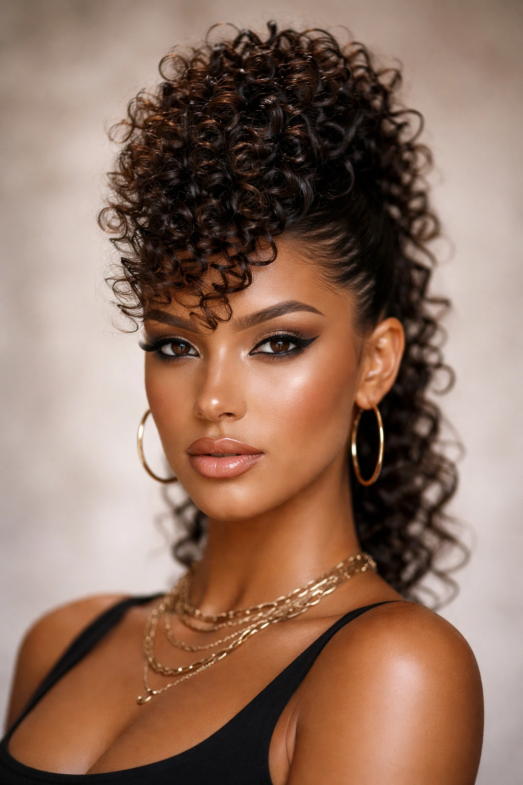 Curly faux hawk hairstyle with high center ridge and slicked sides