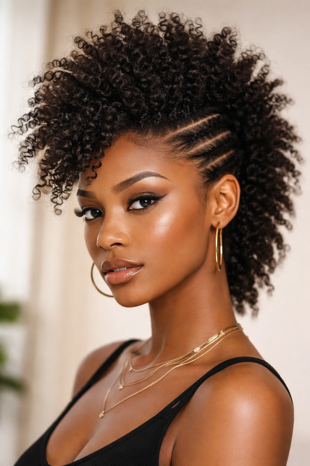 Faux hawk with defined texture showing slick sides and voluminous center curls.