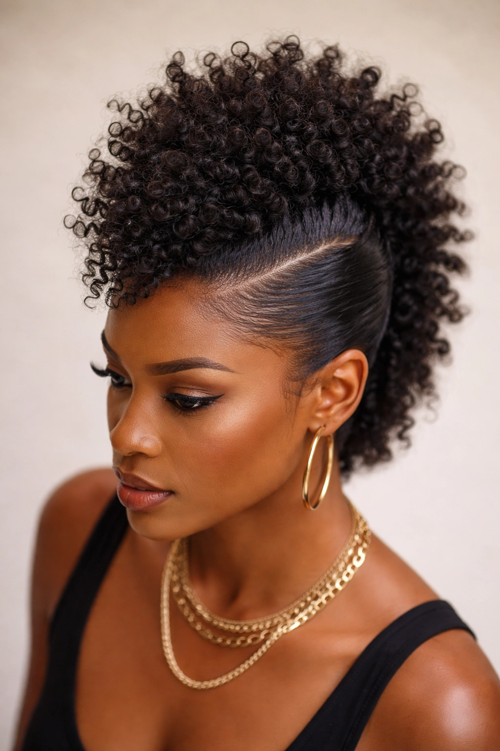 Center-raised faux hawk with shaved-like contrast on the sides