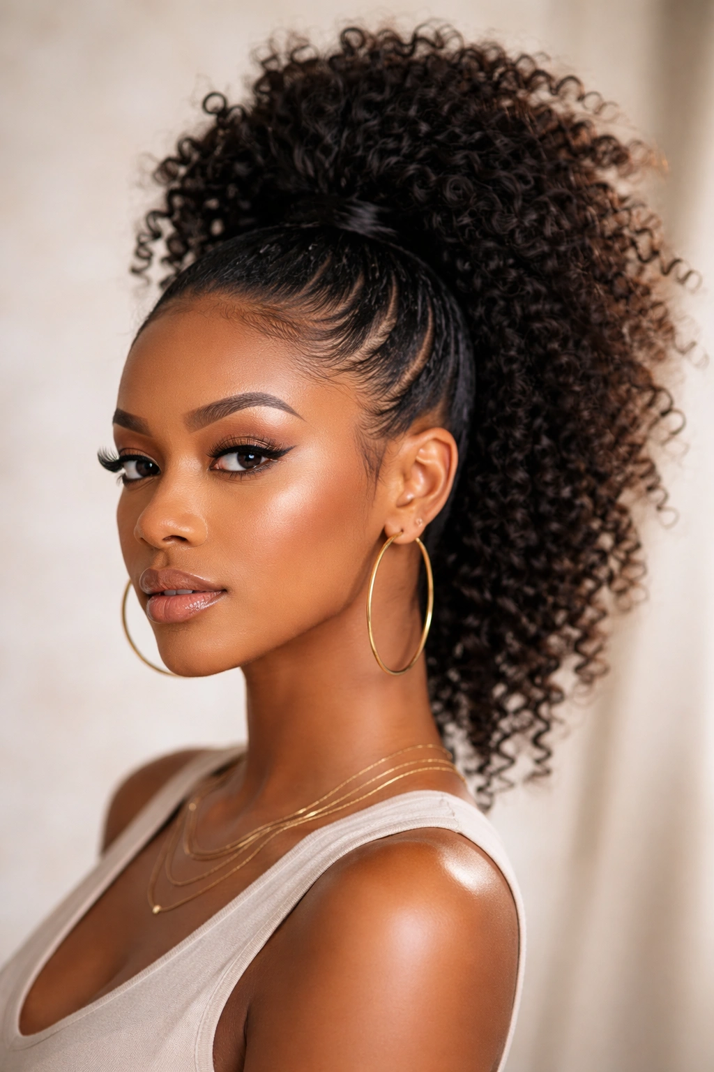 High faux hawk ponytail with voluminous curls and sleek sides