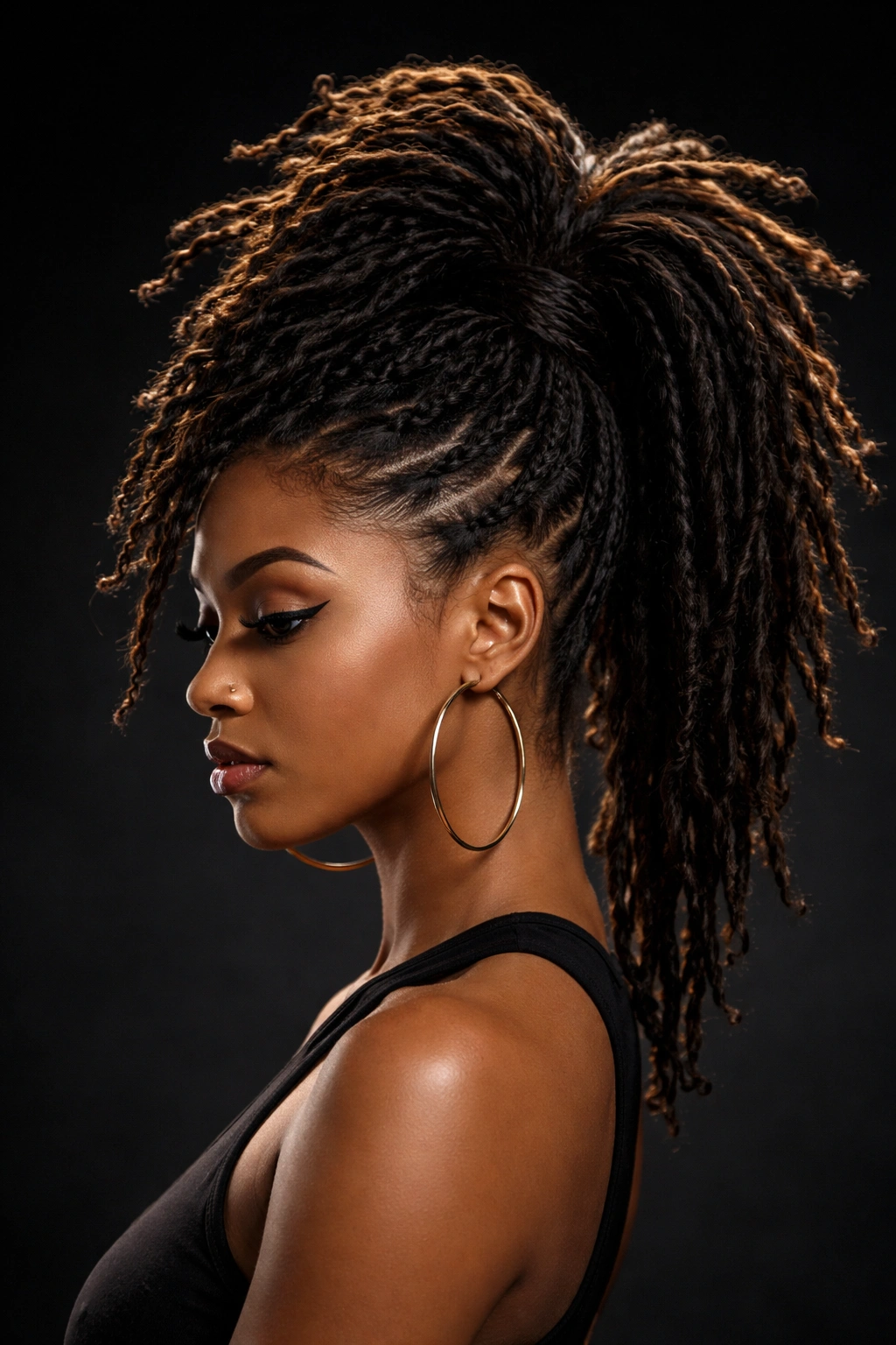 Bold faux hawk ponytail with side locs gathered to center and a loose middle section
