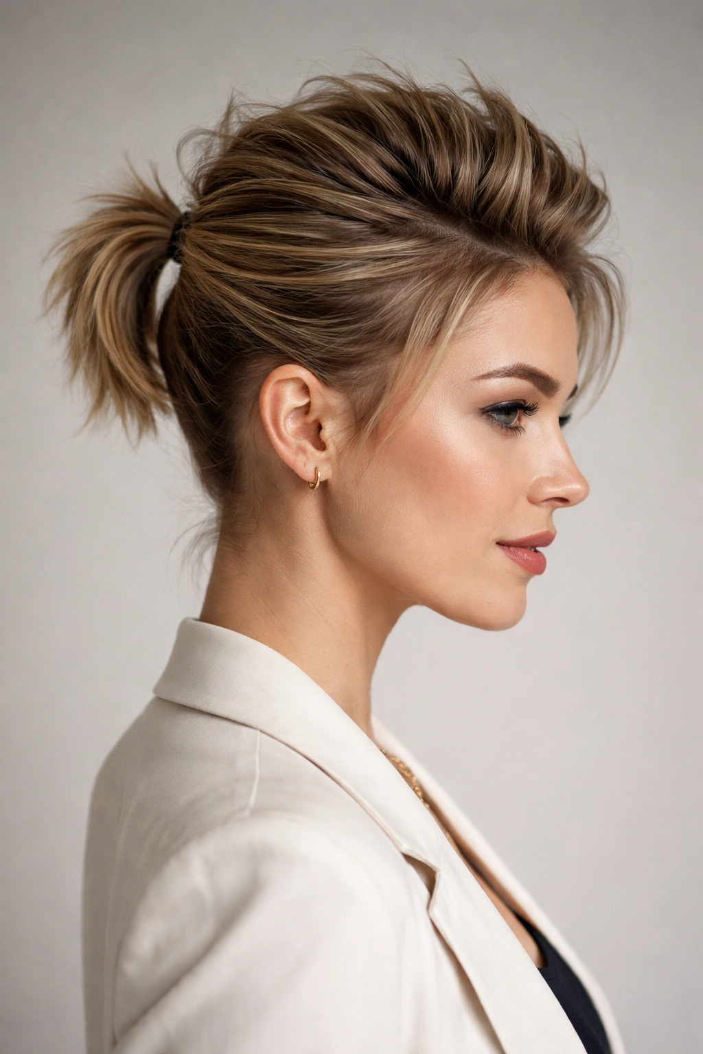 Close-up of a centered faux hawk ponytail on short hair with textured crown.