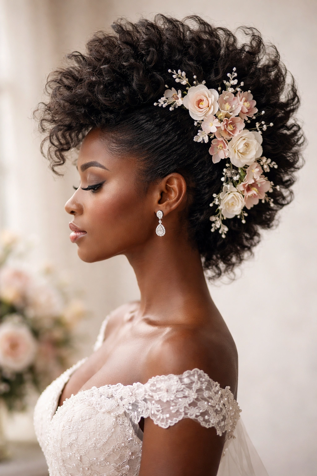 Profile view of a faux hawk with silk flowers woven through the silhouette.