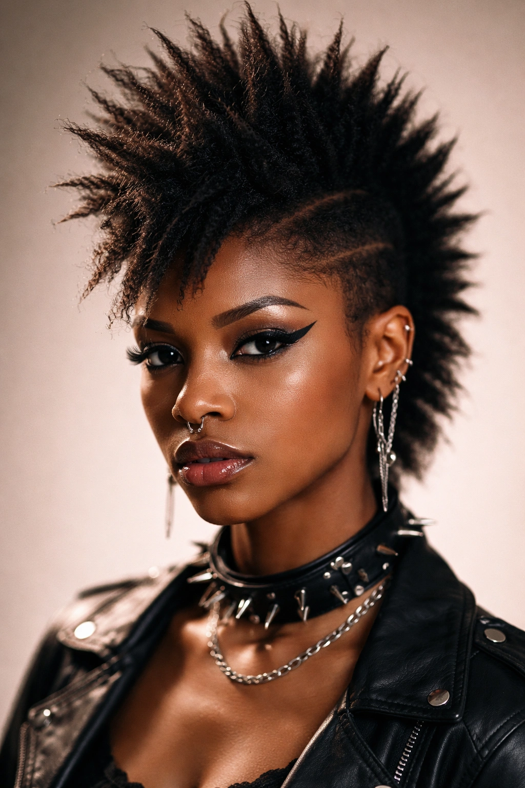 Front view of an Afro with a centered faux hawk and spiky texture.
