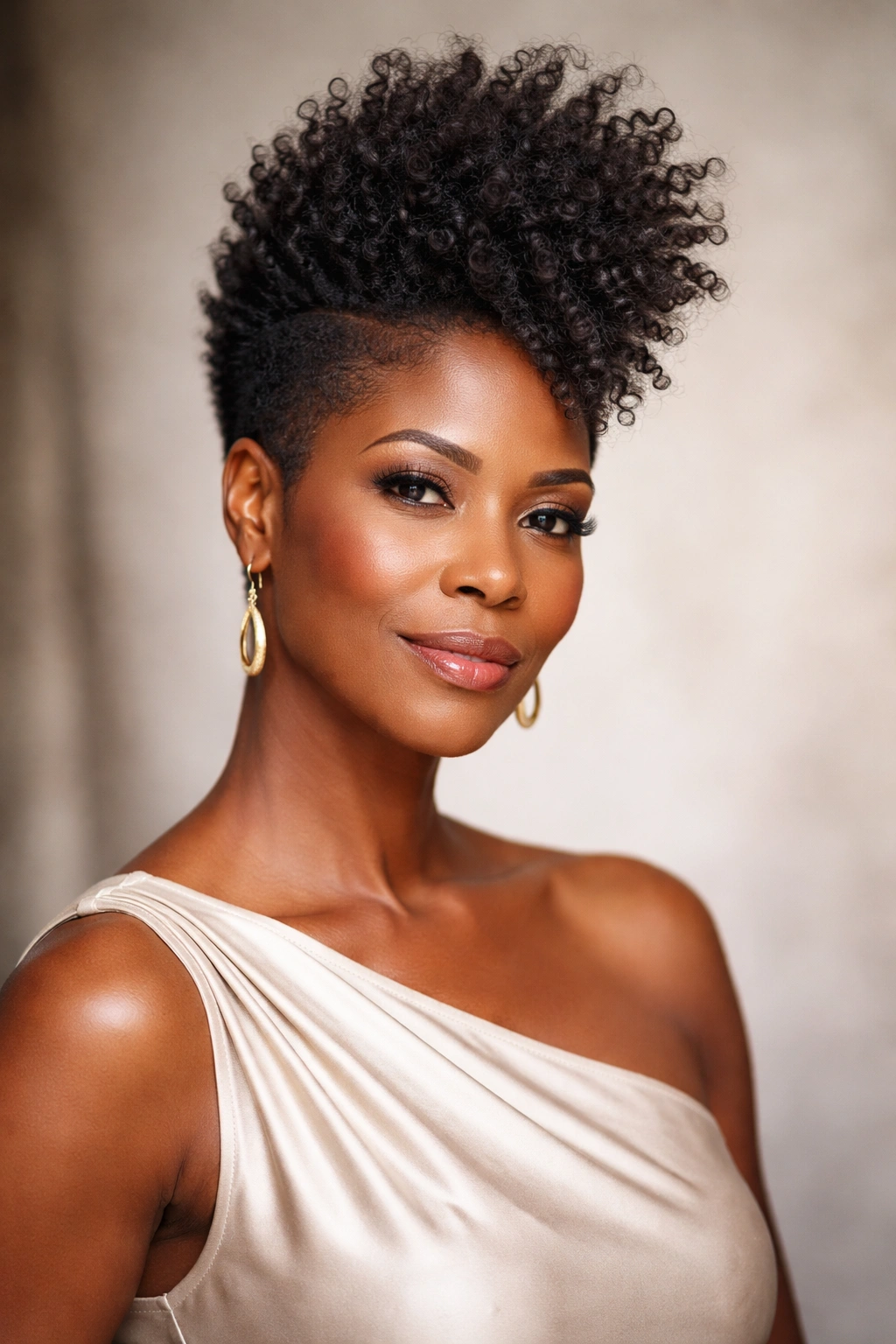 Mature woman with a bold faux hawk and tapered sides in studio lighting