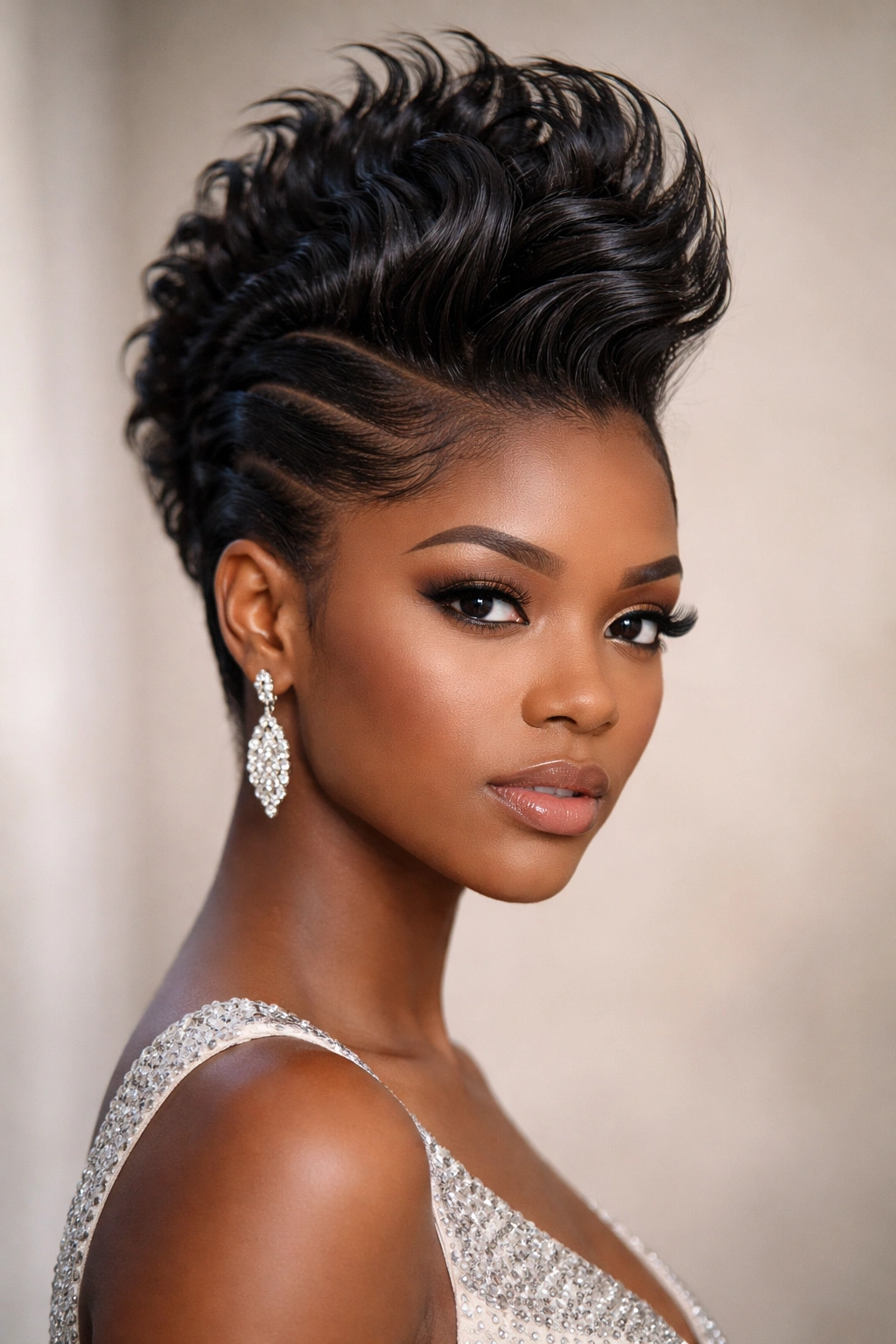 Center faux hawk with sculpted waves and sleek sides