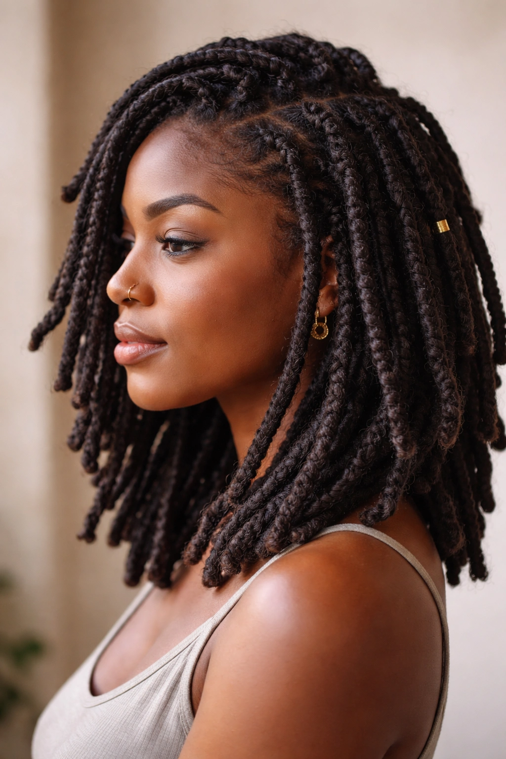Side profile of thick faux locs on 4C hair.