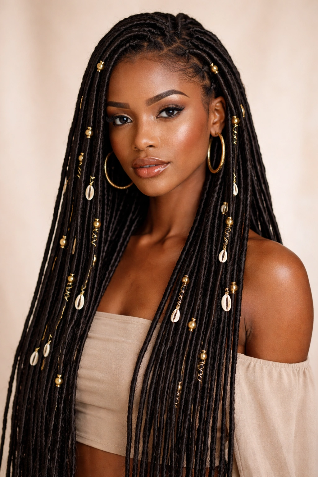 Faux locs hairstyle with gold rings and beads
