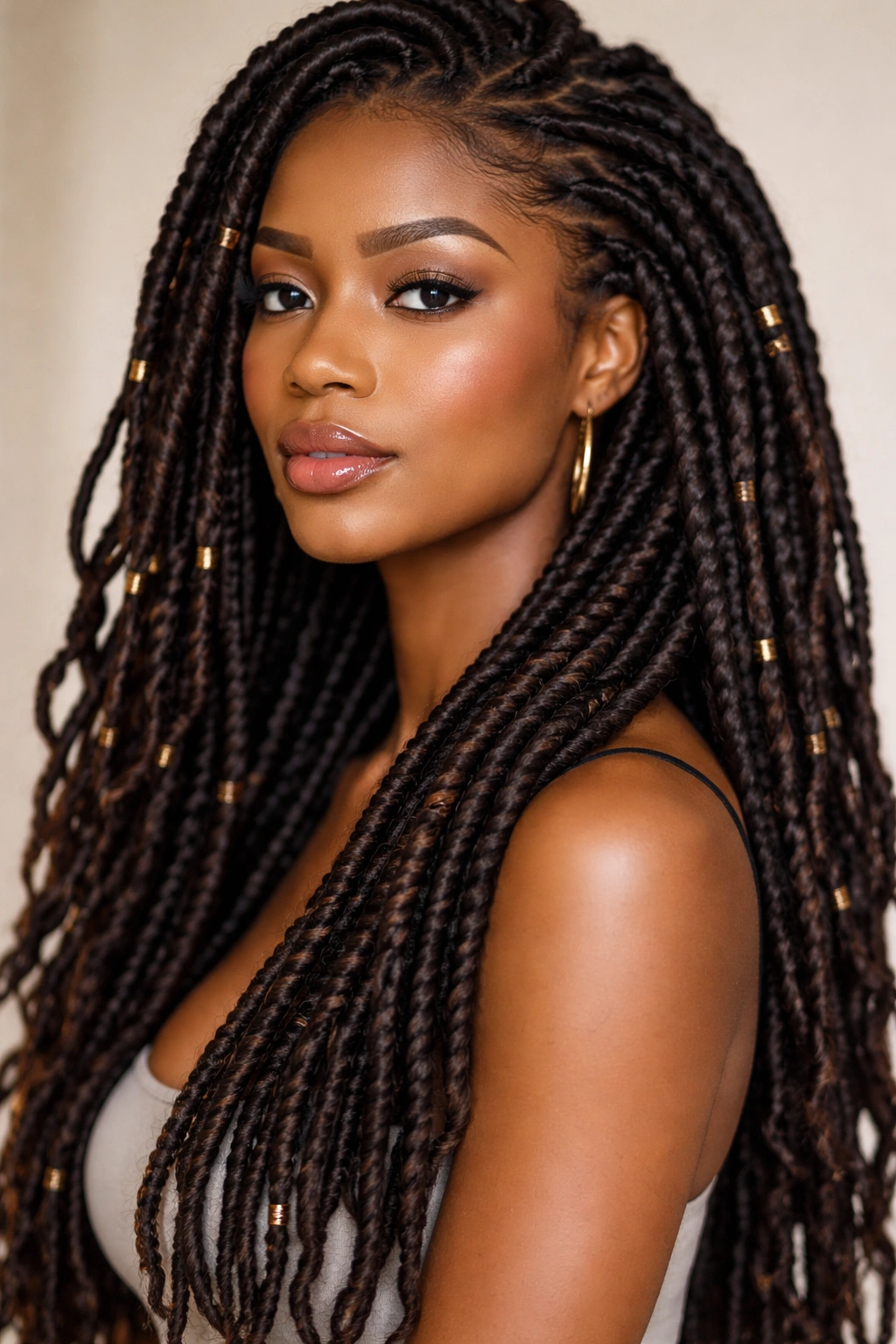 Close-up of faux locs on Afro-textured hair with wrapped extensions