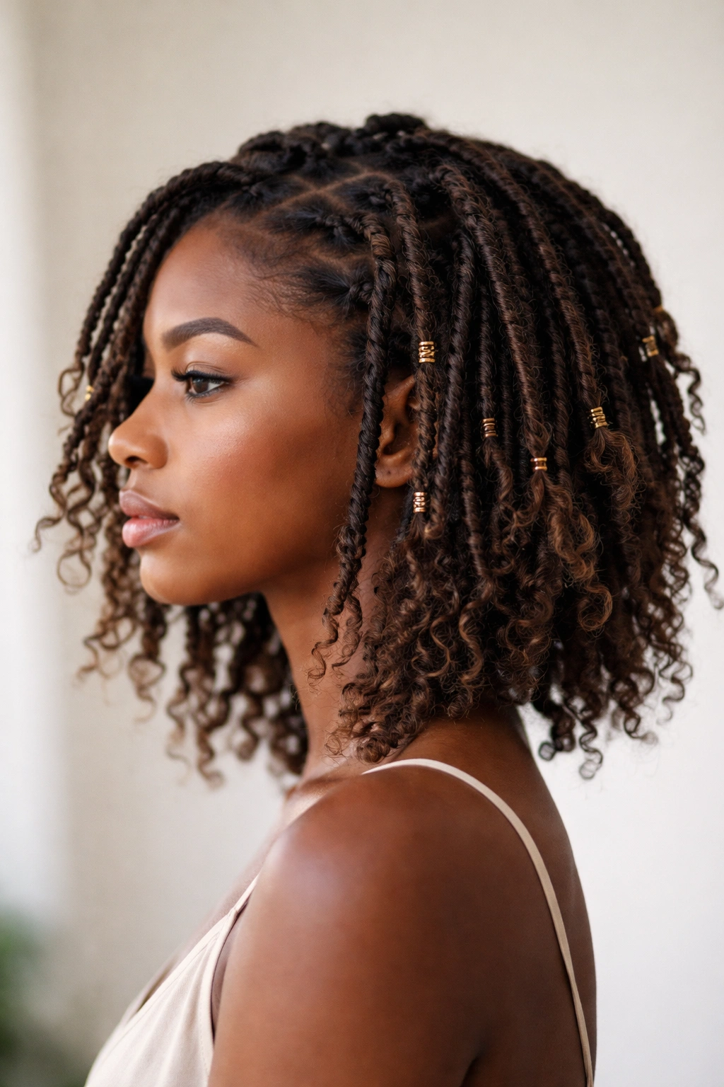 Short Afro with crocheted faux locs and textured, unraveled ends