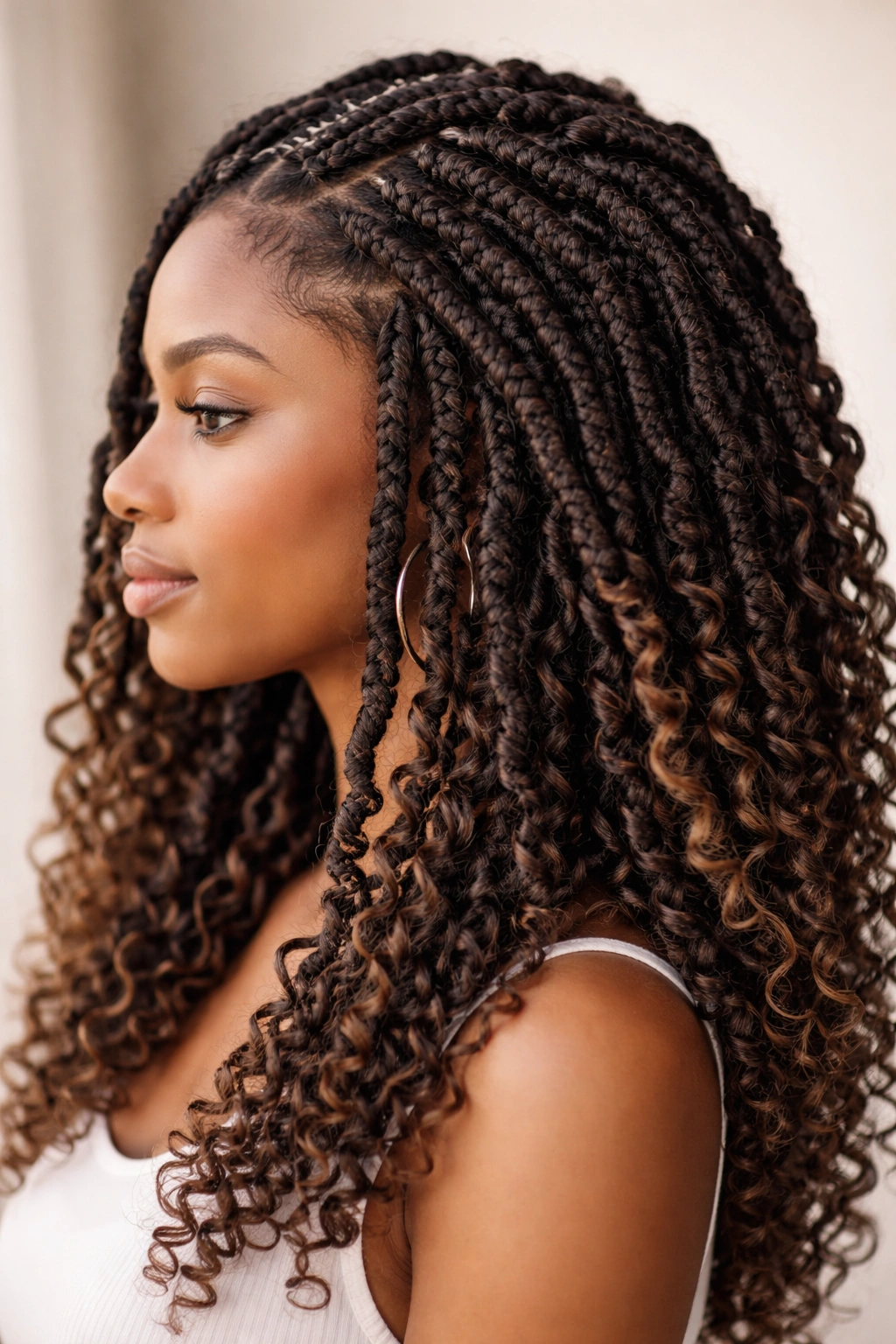 Close-up head with crochet faux locs showing curly texture