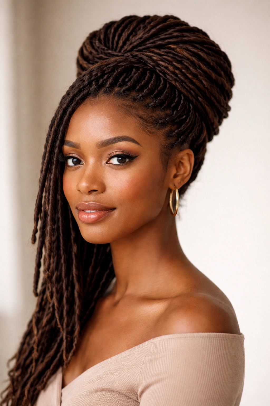 Close-up of gathered crown faux locs on a model, polished protective hairstyle