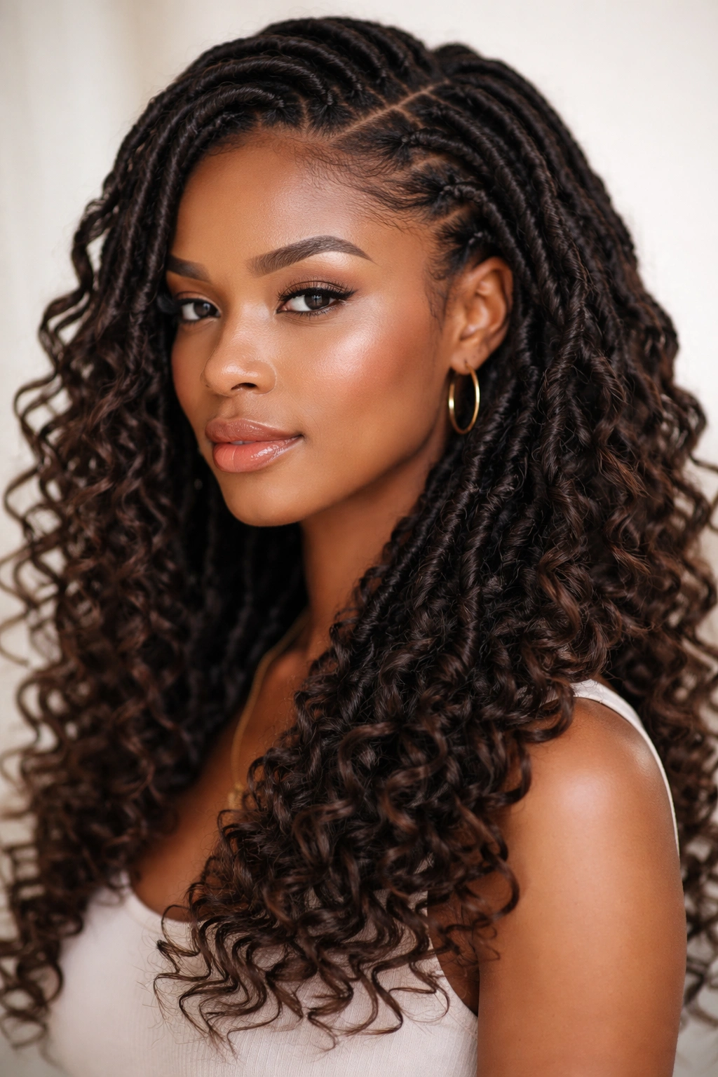 Faux locs with curly crochet hair close-up