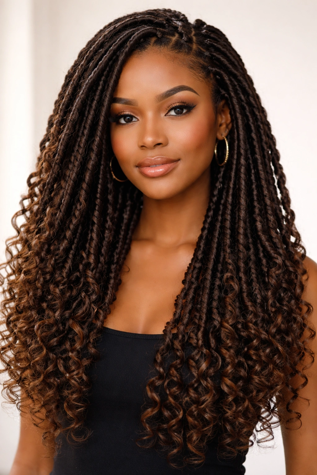 Full head of faux locs with curly ends styled down