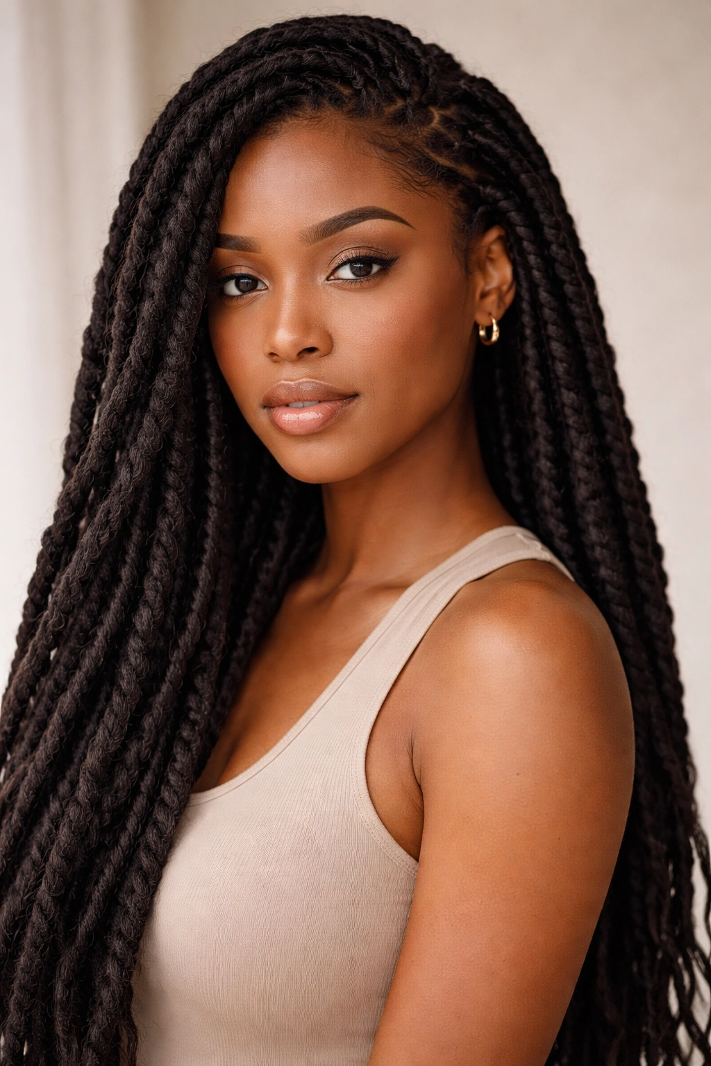 Close-up of faux locs on a model's head, showing thick rope-like twists.