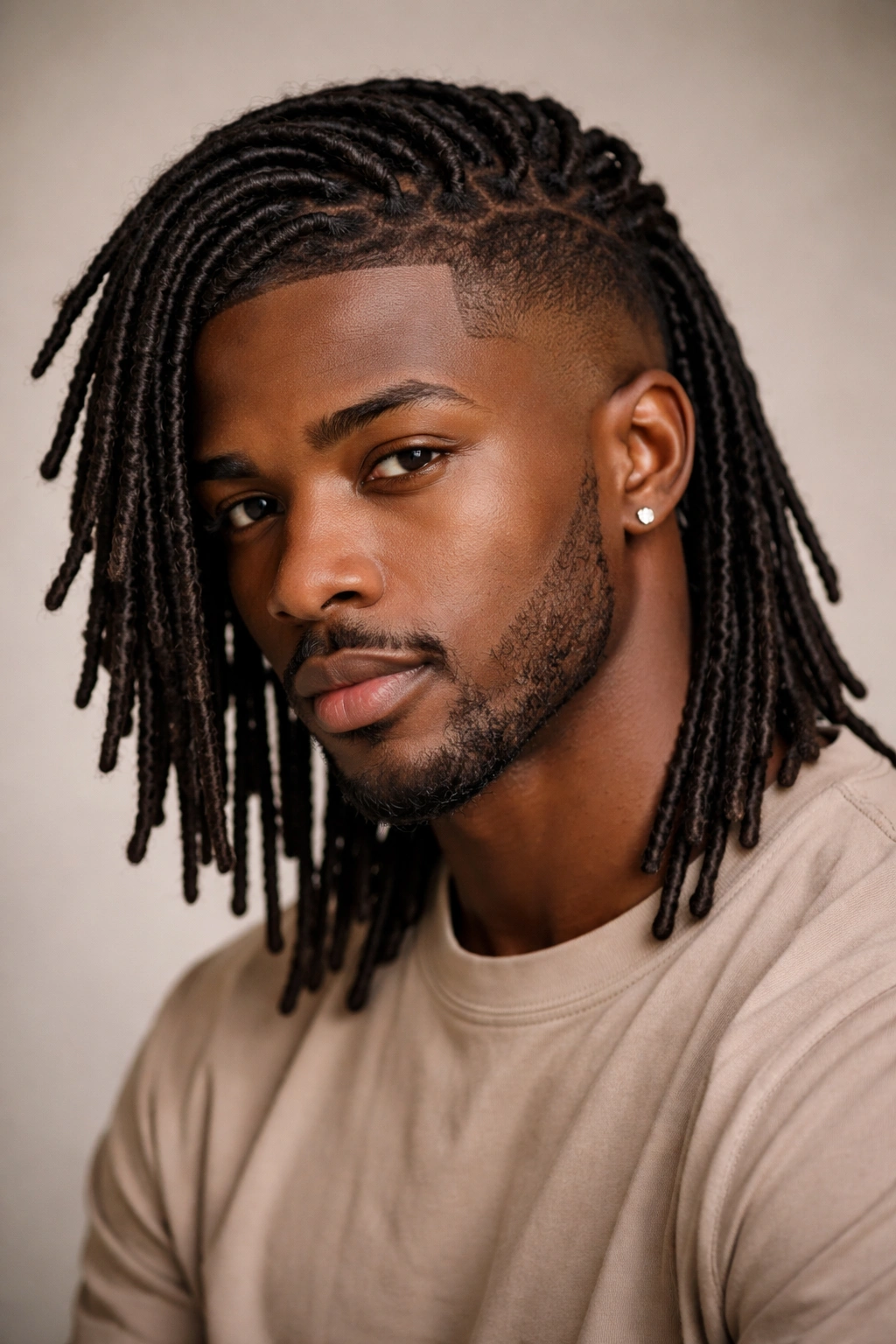 Close-up of faux locs with a fade on the sides, showcasing length and texture