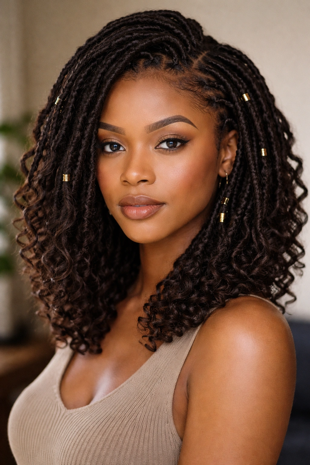 Head-and-shoulders shot of faux locs on medium-length hair