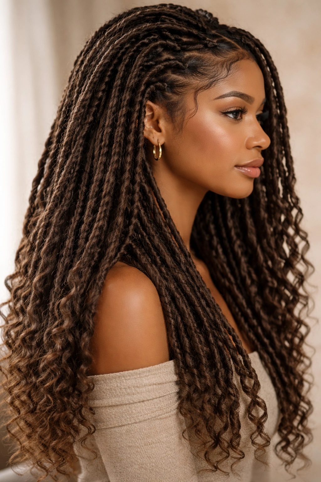 Profile view of head with long faux locs in natural brunette color