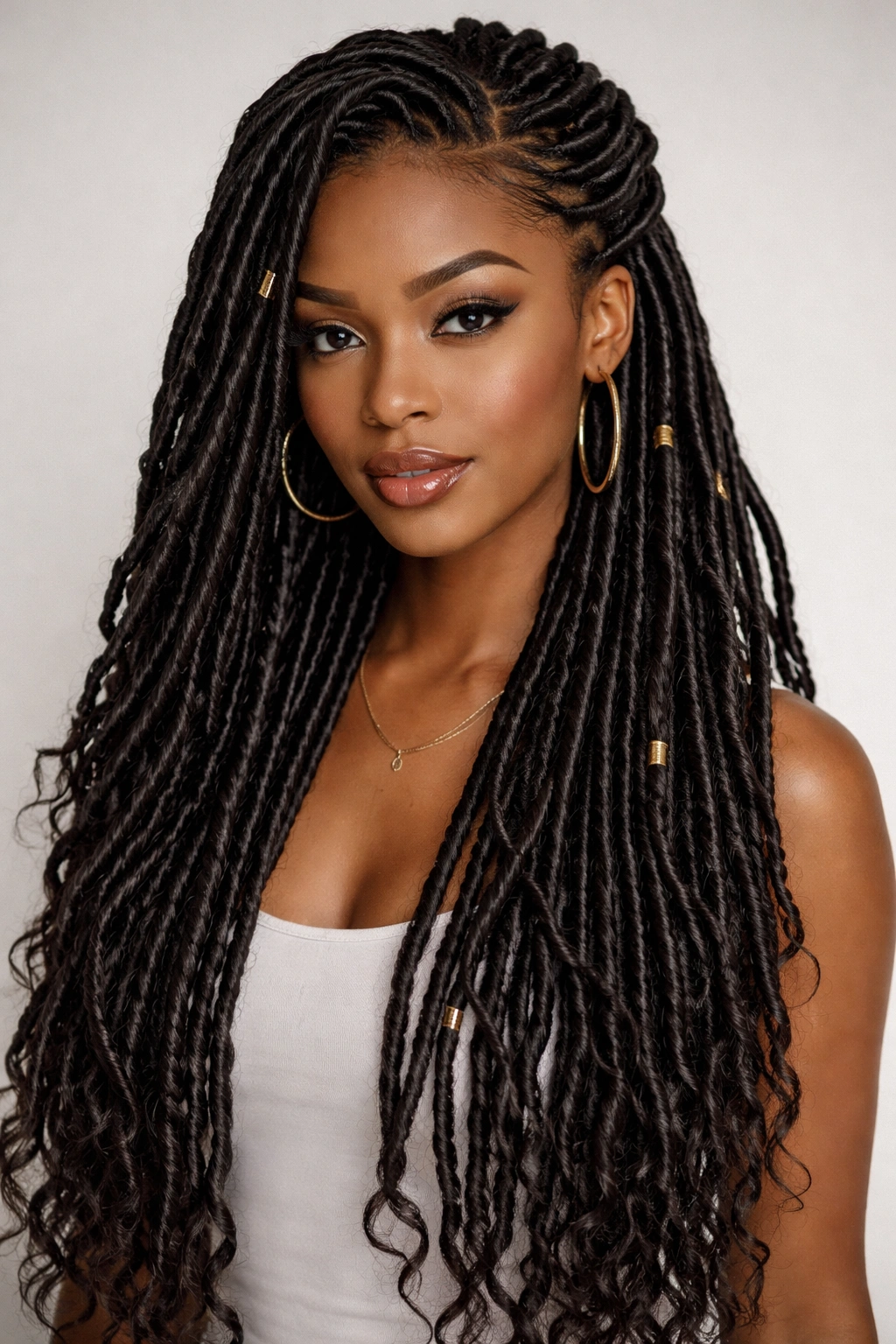 Portrait of long faux locs wrapped around the head in a regal protective style