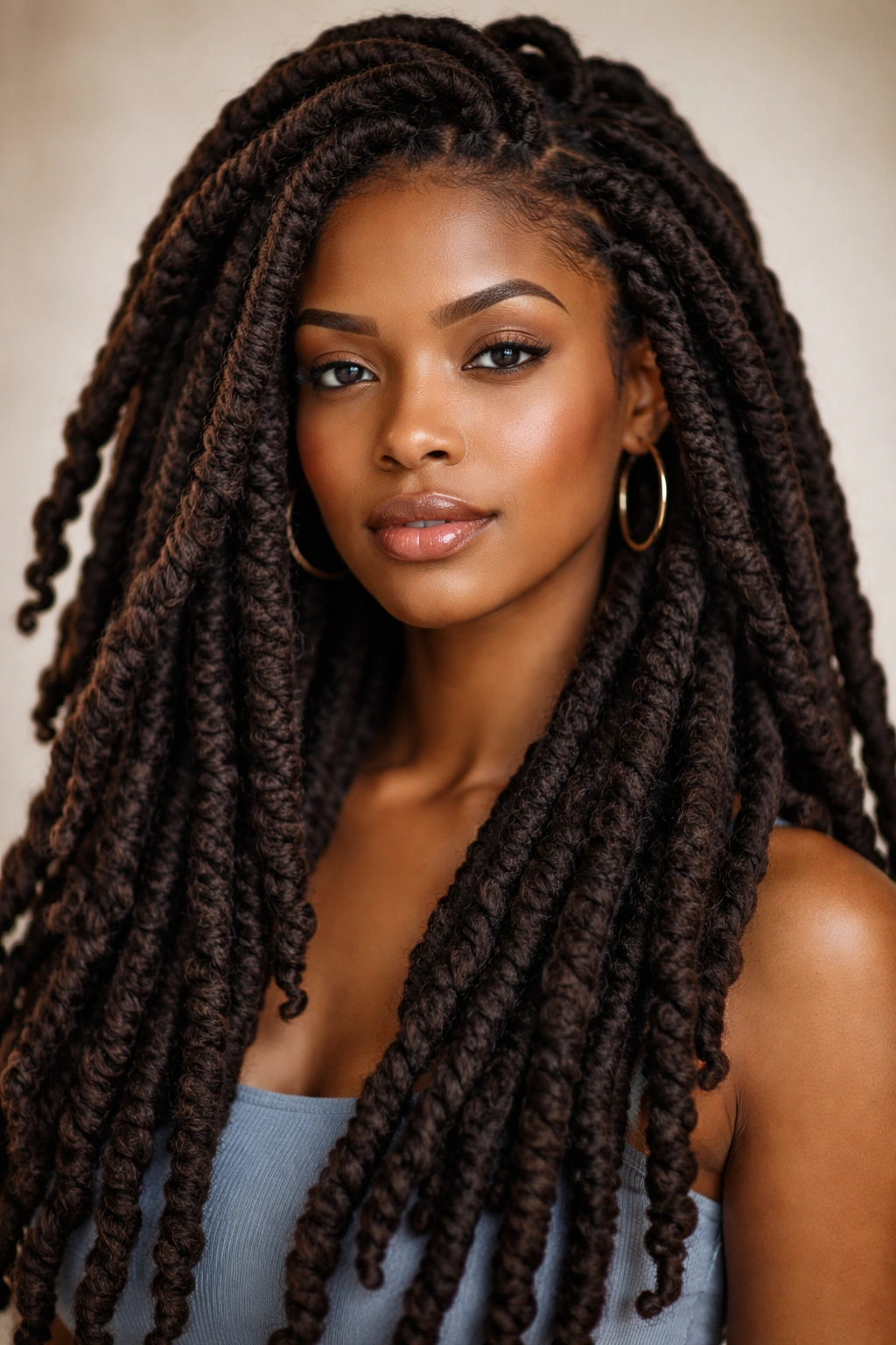 Close-up of thick faux locs with yarn-wrapped texture on a model's head