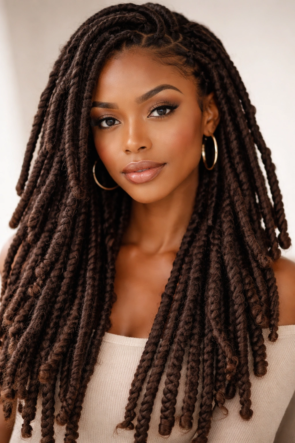 Head with thick faux locs and rope-like strands.