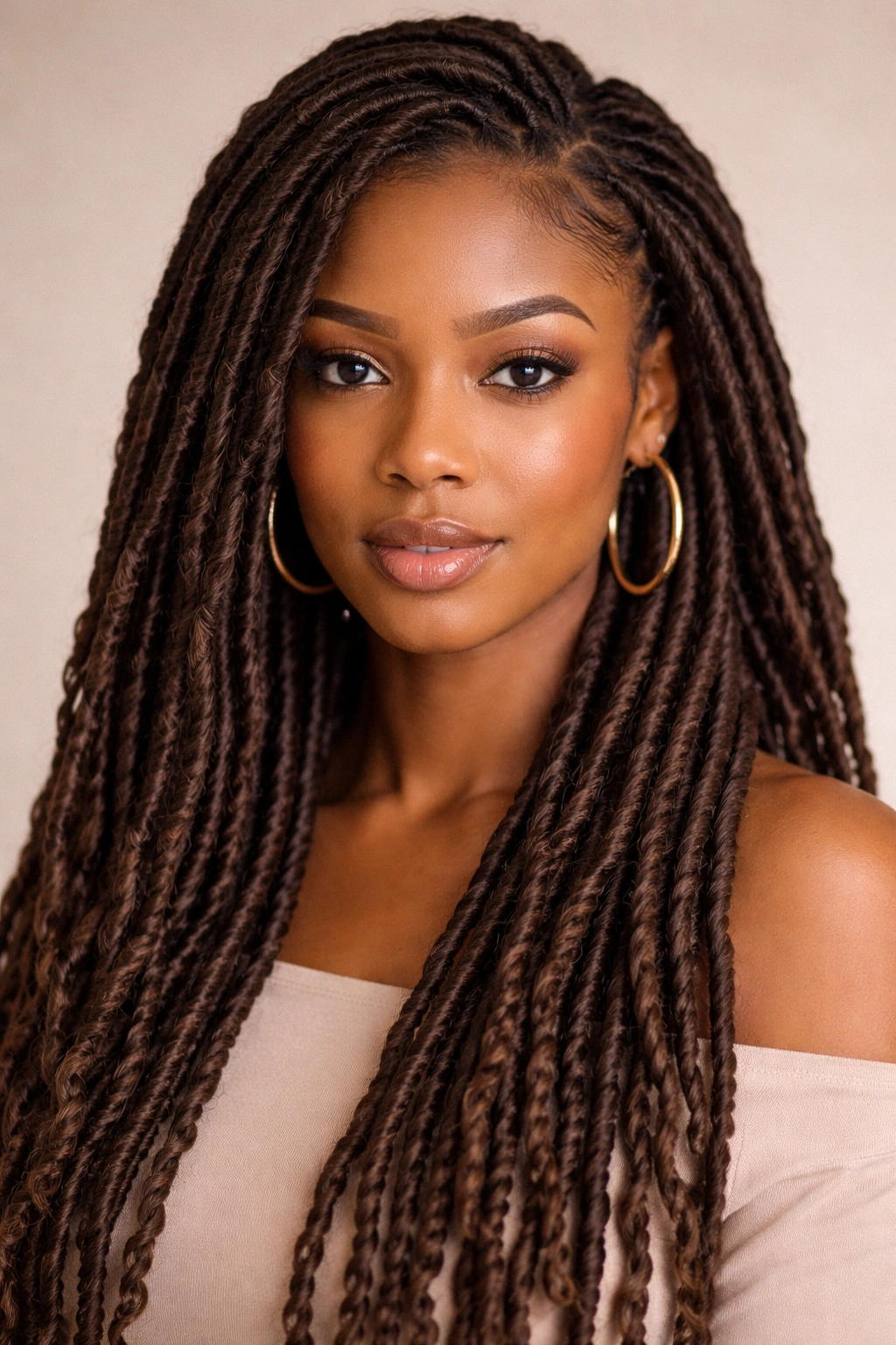 Front view of faux locs with uniform loc-like strands