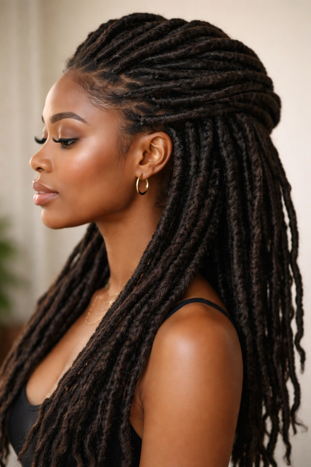 Close-up profile of thick faux locs with rounded coils
